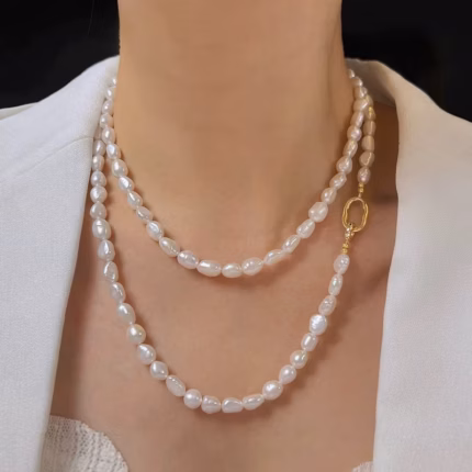 Fashion Freshwater Pearl Long Necklace For Women,18k Gold Plated Natural Pearl Necklace Vintage Elegant Beaded Baroque Necklace