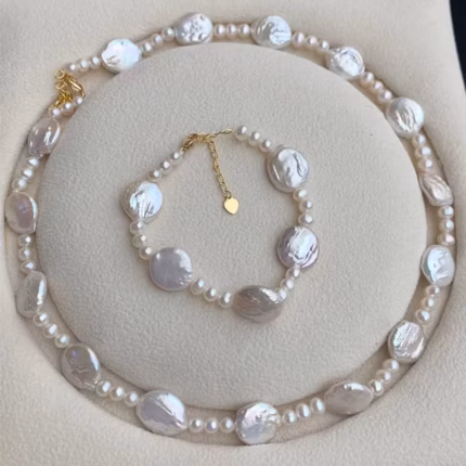 Bridal 18-20 mm Fresh Water Cultured Large Coin Baroque Pearl Necklace Jewelry Set