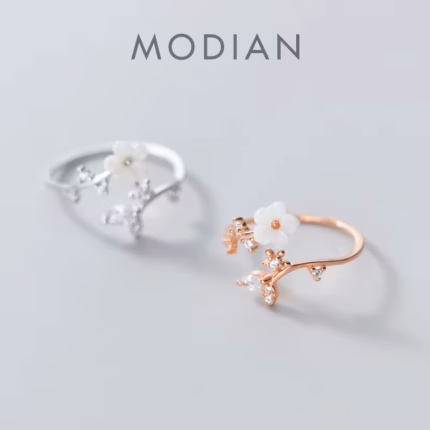 Modian New 925 Sterling Silver Radiant Zircon Leaves White Shell Flower Free Size Ring for Women Plant Ring Original Jewelry