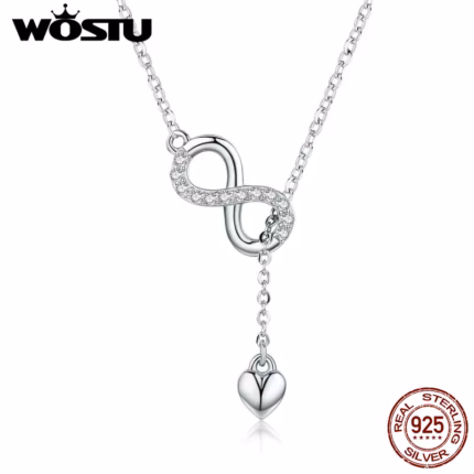 WOSTU Authentic 925 Sterling Silver Infinity Love Heart Pendant Necklace For Women Silver Jewelry Lover Romantic Gift CQN223