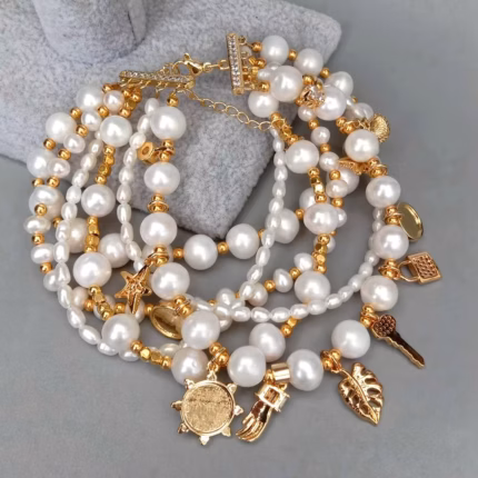 KKGEM 20CM 6Strands Natural Multi shape White Freshwater Pearl Statement Bracelet Cz Pave Charm Summer Beach Jewelry 8''