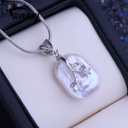 FENASY Natural Freshwater Big Baroque Pearl Pendant Necklaces For Women Silver Gold Color Flower Pendant Birthday Gift