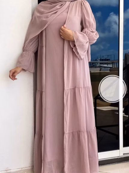 Women Abaya Dress 2 Piece Set Muslim Abayas Chiffon Jalabiya Hijab Lace Up Ramadan Morocco Dubai Kaftan Vestidos Long Robe Suit