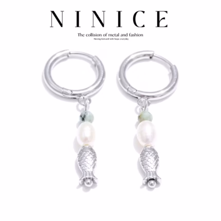 NiNice Stainless Steel Earrings Natural Stone Pearl Fish Pendant Ocean Style Beach PVD Coated Waterproof Gift New