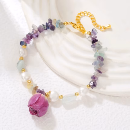 Irregular Purple Crystal Natural Freshwater Pearl Sweet Rose Flower Tag 14K Gold Filled Lady Charm Bracelet Jewelry Promotion