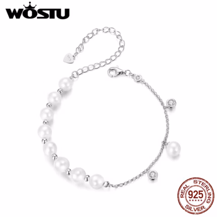 WOSTU 925 Sterling Silver White Pearl With Shiny Zircon Tassel Bracelets Elegant Jewelry Pearl Chain Links Gift for mom Lover