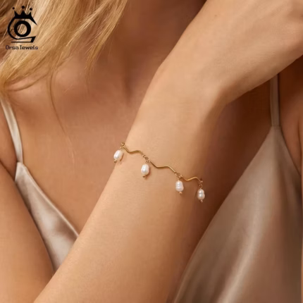 ORSA JEWELS Stainless Steel Natural Freshwater Pearl Drop Chain Bracelet Bangle for Women High Quality Waterproof Jewelry STPB02