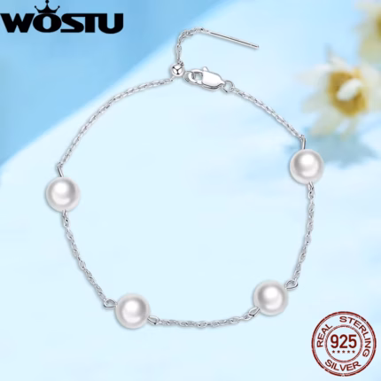 WOSTU 925 Sterling Silver 8mm Round Natural Freshwater Pearl Beads Wrist Bracelets For Women Wedding Jewelry Bangle 8.5 Inch