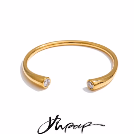 Yhpup 60mm High Quality Stainless Steel Cubic Zirconia Cuff Open Bracelet Bangle for Women Smooth Metal Casual Modern Jewelry