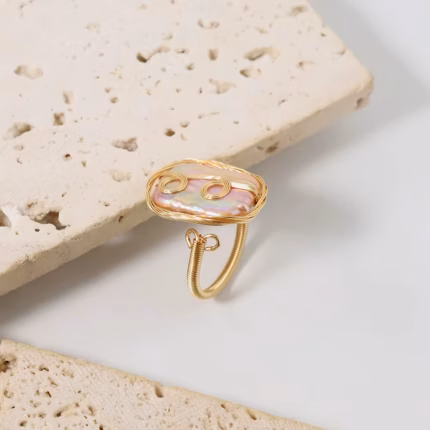 Natural Freshwater Baroque Pearl Copper Wire Wrapped Ring Korean Women's Luxury Jewelry Fashion Women's and Girls' Gifts GR0405