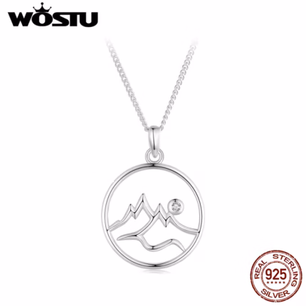 WOSTU Real 925 Sterling Silver Mountain Link Necklace For Women Shiny Zircon Hollow Hill Charms Pendant Creative Party Jewelry