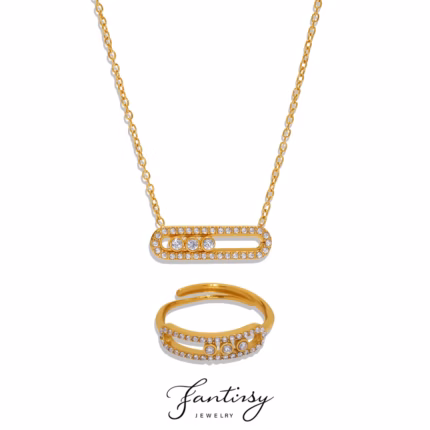 Shiny Zirconia Hollow Pendant Necklace Ring Jewelry Set for Women Stainless Steel 18K Chain Gold Color Luxury Necklace Gift