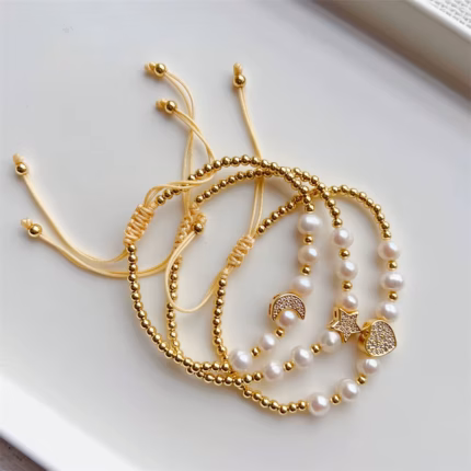 KKBEAD Gold Color Copper Beads Pulseras Natural Freshwater Pearl Bracelets Zircon Heart Moon Star Charm Bracelet for Women