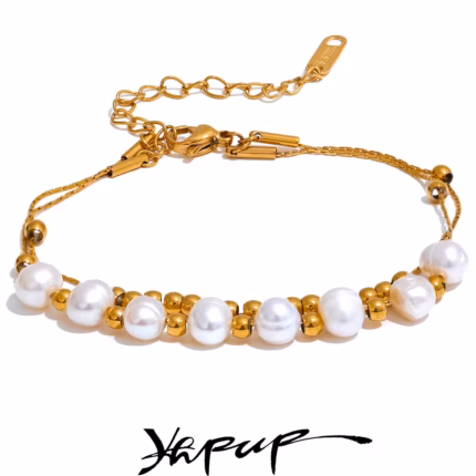 Yhpup Natural Freshwater Pearls Bead Chain Stainless Steel Waterproof Bracelet Bangle for Women Fashion Handmade Jewelry New