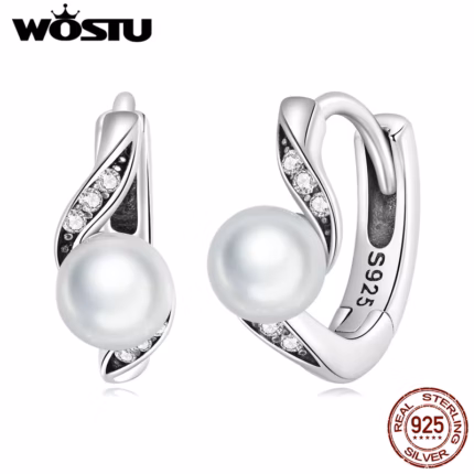 WOSTU 925 Sterling Silver Pearl Rings with Zircon Hoop Earrings For Women Vintage Style Drop Dangle Earring Wedding Jewelry Gift
