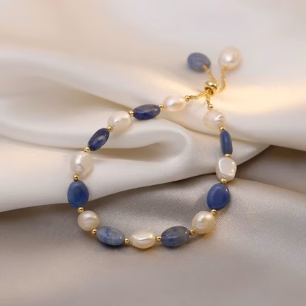 Vintage Sky Blue Natural Stone Natural Pearl Luxury Bracelet for Woman New Stainless Steel Cuff Bracelet Fashion Jewelry Gift