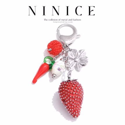 NiNice Keychain Stainless Steel Strawberry Chili Flower Metal Beetle Fish Shell Pendant Fashionable Design Car Accessories Gift