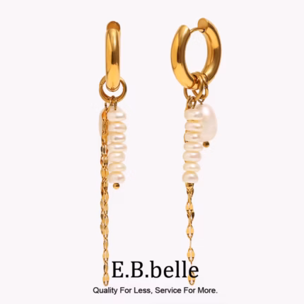 E.B.belle PVD Plated Gold Color Pearl Tassel Chain Hoop Earrings Stainless Steel Elegant Style Fashion Women Jewelry Wholesales