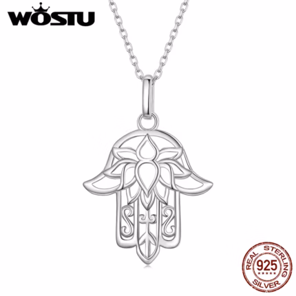 WOSTU 925 Sterling Silver Turkish Hamsa Hand Fatima Charm Necklace For Women Hollow Flower Pendant Chain Neck Lucky Jewelry Gift