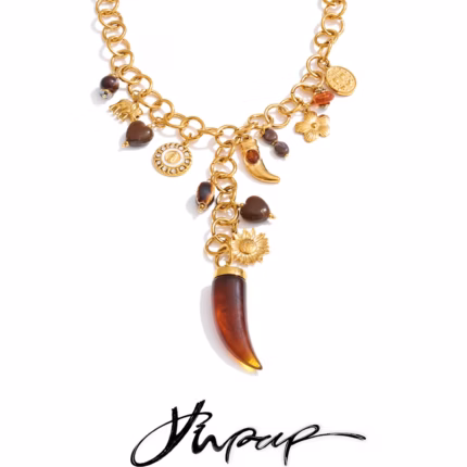 Yhpup New Design Stainless Steel Acrylic Flower Horn Charms Pendant Statement Necklace 18K Gold PVD Plated Aesthetic Jewelry