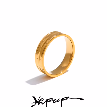 Yhpup 678# Fashion Stainless Steel Metal Round Minimalist Carving Flower Ring for Women 18K Gold Color Plated Finger Jewelry