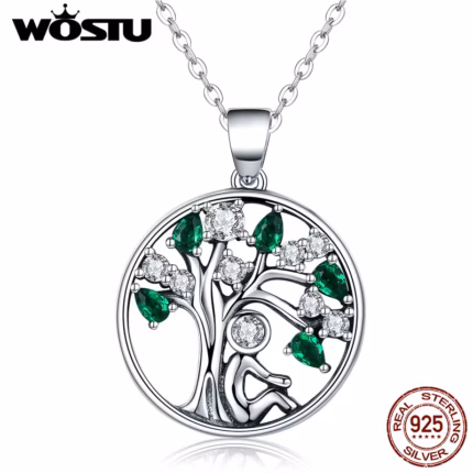 WOSTU Real 925 Sterling Silver Tree of Life Necklace, Green Cubic Zirconia Round Pendant Family Tree Jewelry Gift for Her