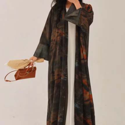 Middle-East Open Front Abaya Muslim Full Sleeve Tie-dye Loose Arabian Abayas Turkey Kaftans Women Jilbabs Islamic Maxi Dresses