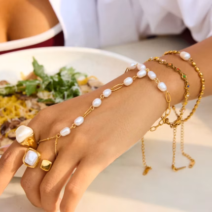 Minimalist 18K altın kaplama paslanmaz çelik takı tatlısu inci parmak bilezik